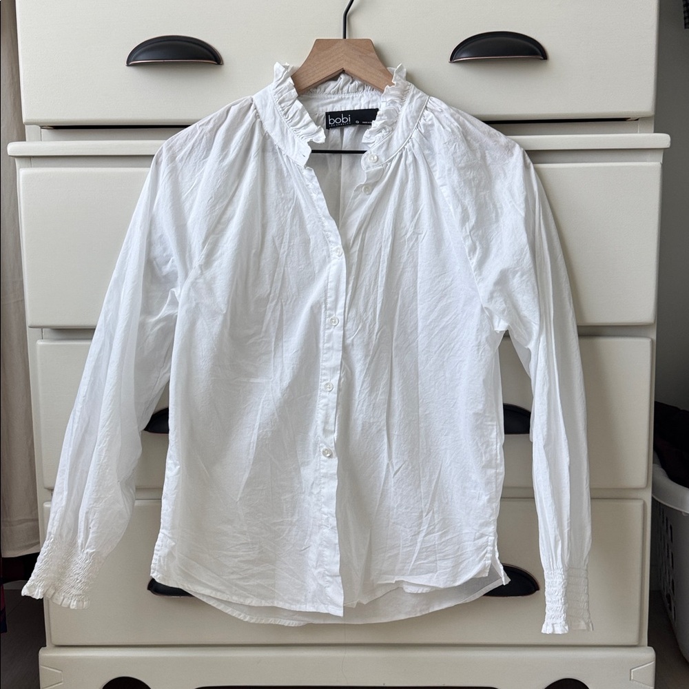 bobi White Ruffle-Neck Button-Down Blouse - Picture 6 of 6